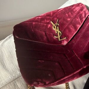 Yves Saint Laurent Deep Red Velvet Shoulder Bag AUTH